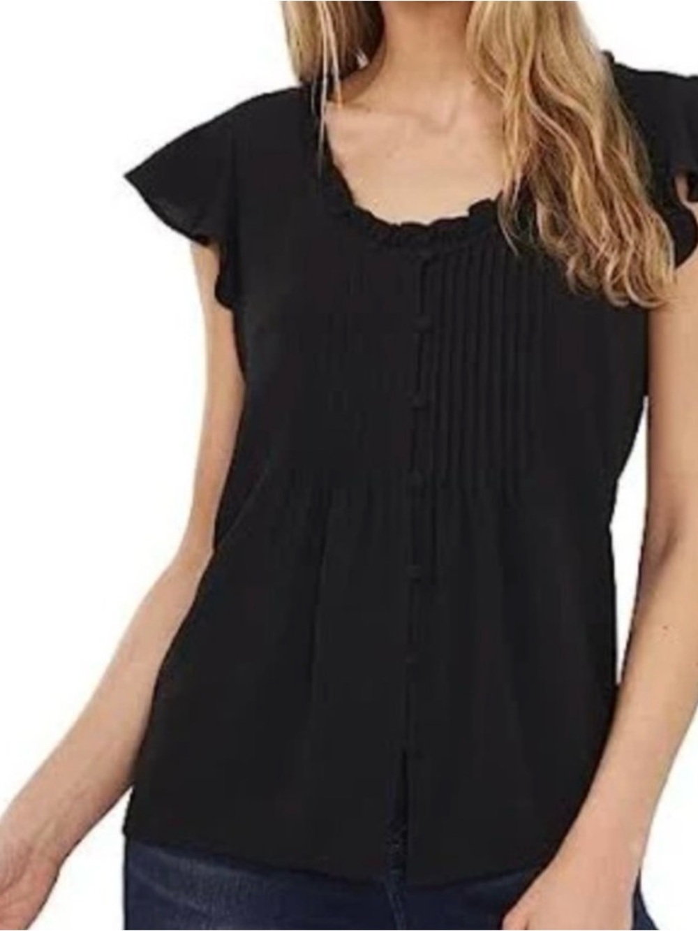 CeCe Black Pin tuck Button-Front Flutter Sleeve Blouse